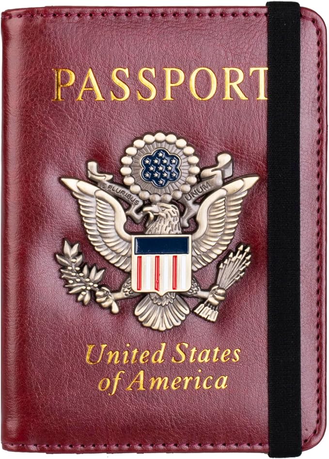 TOURSUIT RFID Blocking Passport Holder, Leather Travel Wallet, Rose Red | Travel Document Holder Cover Accessories, 3D Metal Badge, For Women Men