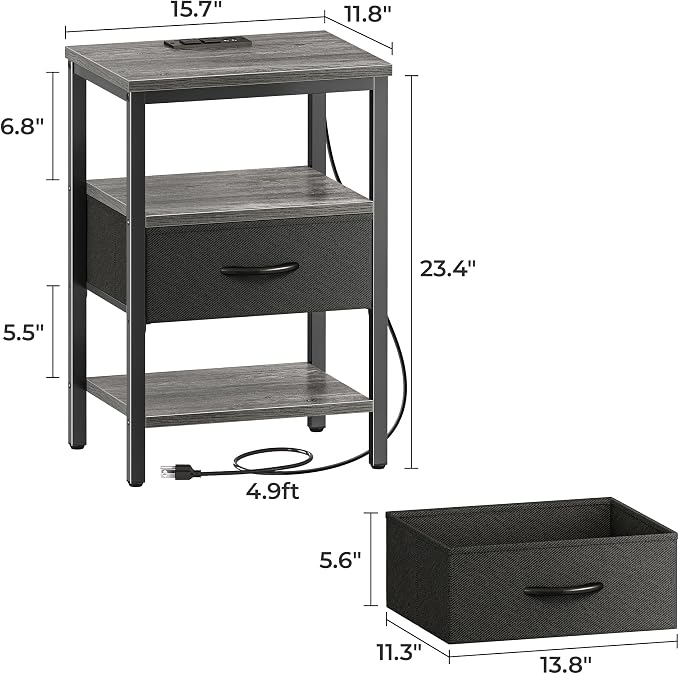 SUPERJARE Nightstand Set of 2 with Charging Station, USB-C Port, End Tables | Night Stand for Bedroom, with Adjustable Fabric Drawer, 3-Tier Storage Bedside Tables for Living Room, Charcoal Gray