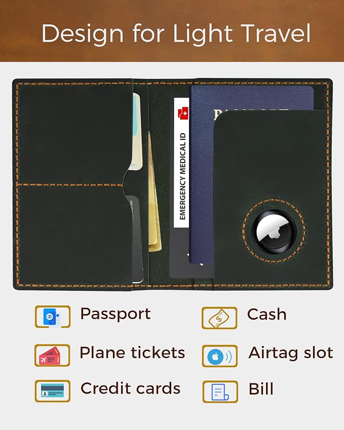 Passport Holder for Travel, Genuine Leather Passport Wallet Cover Case with Airtag Slot, RFID Blocking, for Women Men, Travel Essentials Gift, Green