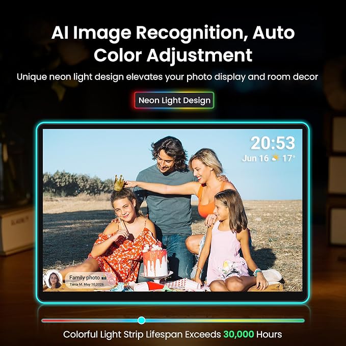 ApoloSign 14" Neon Light Digital Picture Frame, Desk Digital Calendar, Auto-synced Schedule via Frameo App - 2K FHD Touchscreen | AI Color-Changing LED | Share Photo/Video Instantly | Gift for Parents