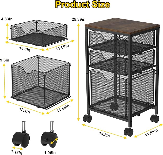 BOHDK Rolling File Cart with 3 Storage Drawers, Wood & Mesh Hanging File Folder Organizer with Wheels Under Desk, File Cabinets for Home Office, 11.81" D x 14.8" W x 25.39" H, Black