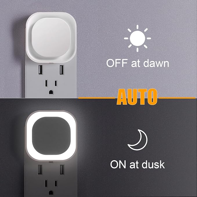 YUNLEX 2 Pack Daylight White Night Light, Gentle Eye-Care with Dimmable Wide-Glow & Indirect Reflection, Auto Dusk to Dawn Sensor, Plug in for Kitchen Counter, Garage Workshop, Laundry, Hallway
