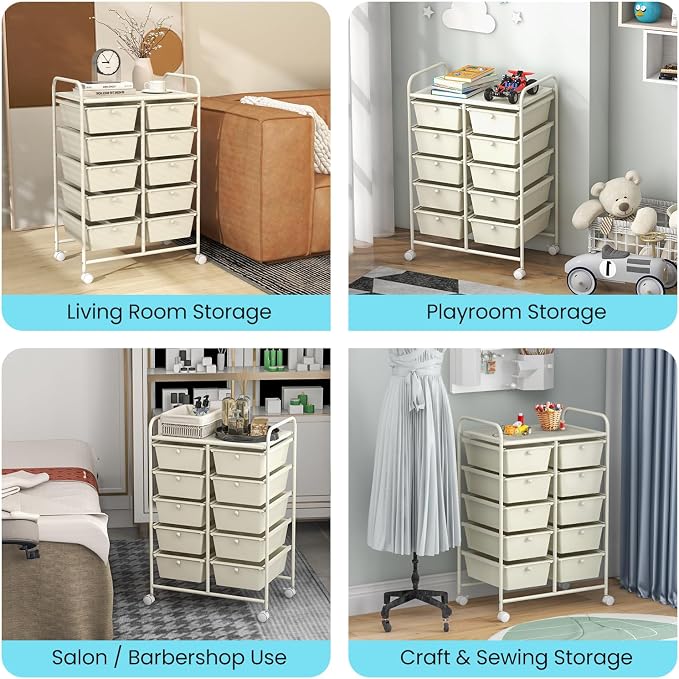 BECOMFORT 10-Drawer Rolling Cart with Drawers, Storage Cart on Wheels, Teacher Classroom Organizers with Metal Frame, Mobile Craft Cart, Trolley Utility Cart for School Office Play Room
