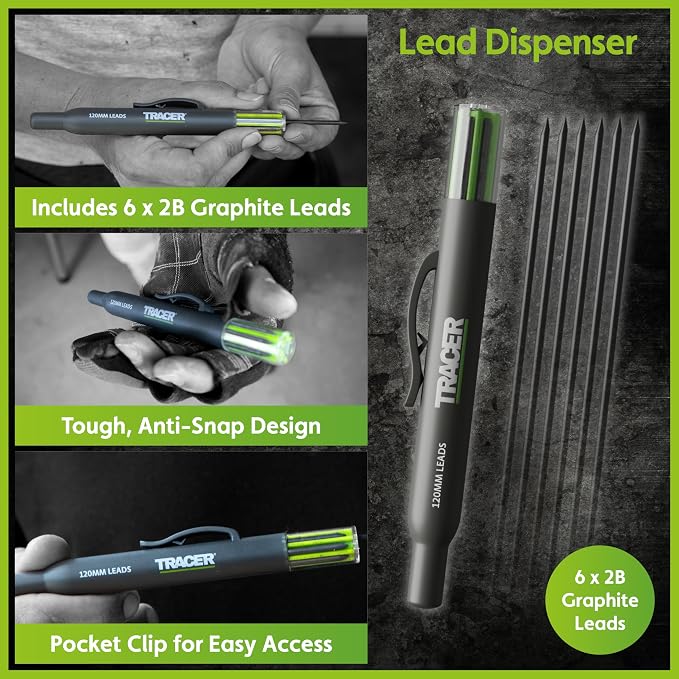 Tracer Complete Deep Hole Marking Kit - Includes Double-Tipped Long Head Deep Hole Permanent Marker and Deep Hole Construction Pencil with 6 Replacement Lead Dispenser Site Holster | Deep hole construction pencil, double-tipped permanent marker, 6 repl...