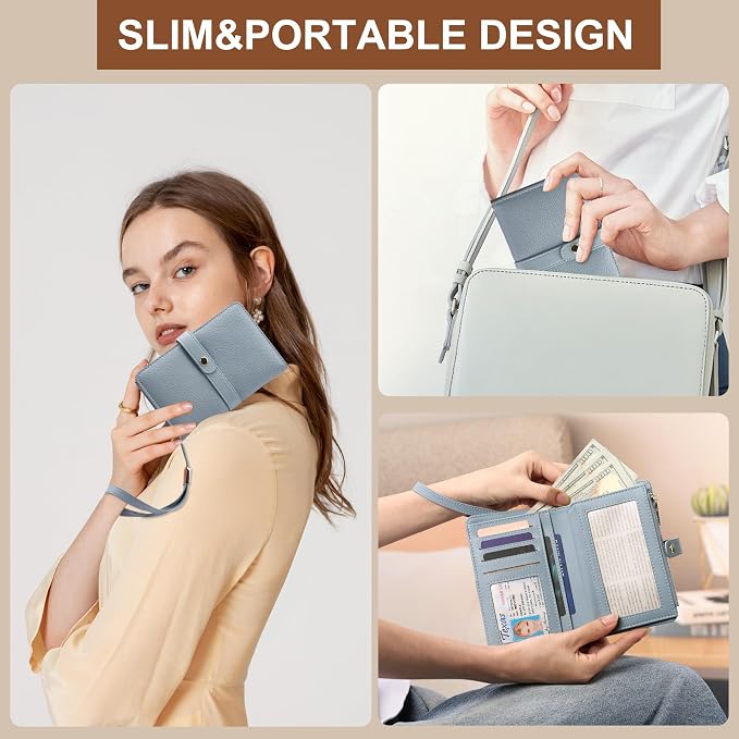 Small Wallet Women RFID Blocking Vegan Leather Slim Thin Bifold Credit Card Wallet Passport Holder Ladies Travel Wallet Mini Purse with Zipper Pocket
