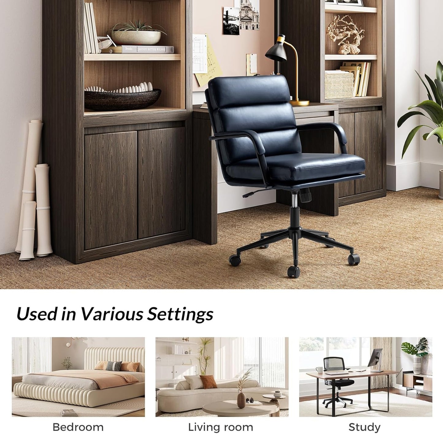 HULALA HOME Modern Faux Leather Home Office Chair with Tilt Lock & Metal Base, Desk Chair with Wheels & Padded Cushion, 360° Swivel Wide Seat Computer Task Chair, Navy