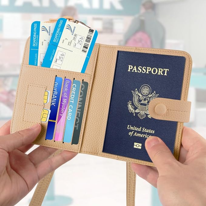Passport Holder RFID Protected Wallet and Luggage Tag with Protection Cover Travel Accessories Leather Card Case Organizer for Women Men (Beige)