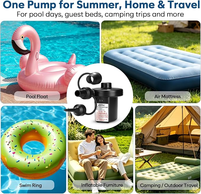 AGPTEK Electric Air Pump,Portable Air Pump with 3 Nozzles, 4.5kPa Quick-Fill,110V AC/12V DC Inflator/Deflator Pumps for Outdoor Camping, Inflatable Air Mattress Beds, Boats, Swimming Ring