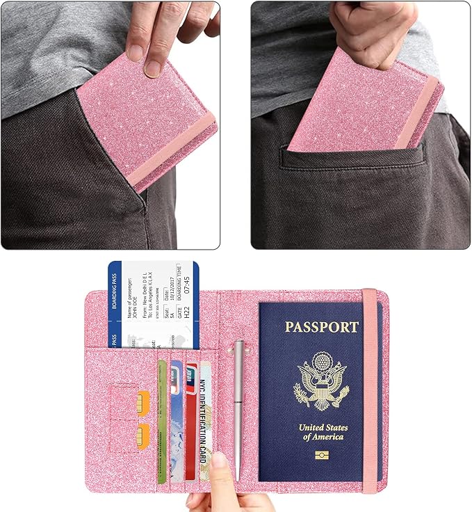 ACdream Passport Holder Cover, Leather Travel Wallet Case, RFID Blocking Document Organizer Protecrtor, with Slots for Credit Cards, Boarding Pass, for Women and Men, Glitter Pink