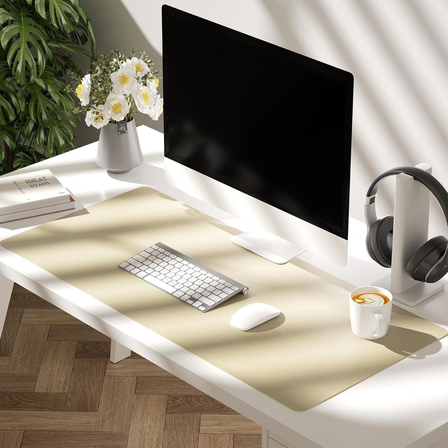 Aothia Double-Sided PU Leather Desk Pad - 36"x17" Non-Slip Large Mouse Pad & Desk Mat for Office, Home - Waterproof, Easy to Clean, Durable Dual-Sided Surface (Sand Beige)