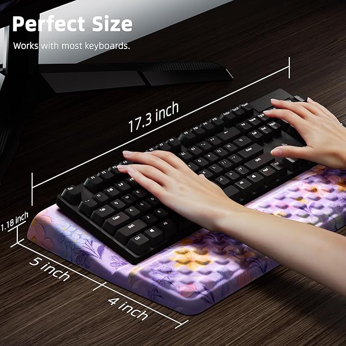 Ospelelf Keyboard Wrist Rest, Ergonomic Memory Foam Wrist Support for Typing & Gaming, Tilted Keyboard Stand Pad, Relief for Wrist Pain, Aesthetic Desk Accessories for Office, Purple Flower