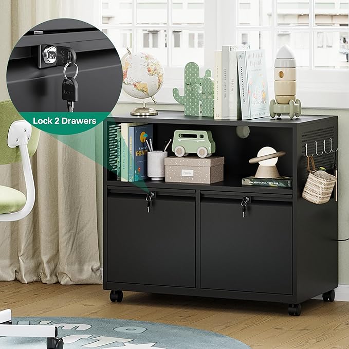 Mobile 2 Drawer File Cabinet with Lock, Metal Lateral Printer Stand Filing Storage Cabinets with Shelves for Home Office-A4/F4/Letter (Black)