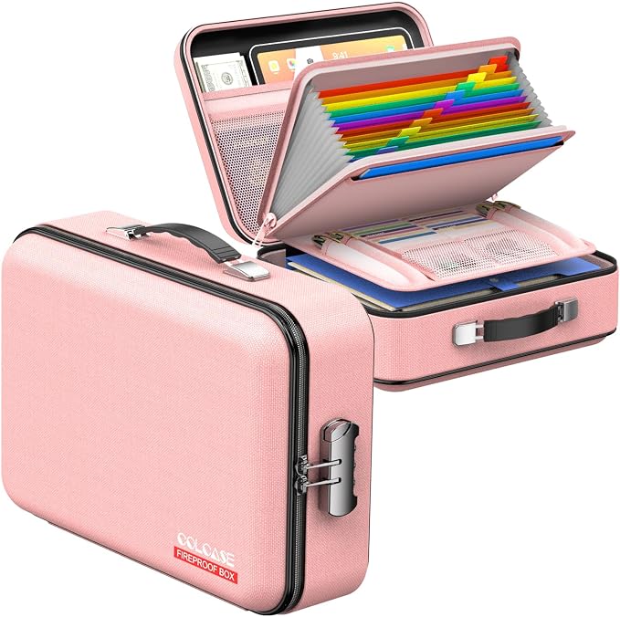 Fireproof Document Organizer with Lock, Hard Fireproof Document Box | Hard-Shell Fireproof Waterproof Document Box with Combination Lock Pink