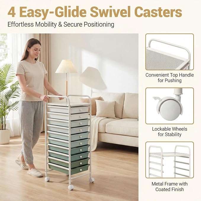 COSTWAY 10-Drawer Rolling Storage Cart, Utility Mobile Trolley | Removable Drawers & Universal Casters & 2 Brakes, Versatile Flexible Drawer Organizer Cart for Home, Office (Green Gradient)