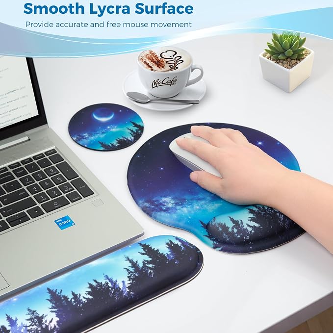 Mouse Pad and Keyboard Wrist Rest Support,Ergonomic Mouse Pad Set | Mousepad With Coaster and Non-Slip PU Base,Pain Relief for Desk Desktop Gaming, Computer,Office -Beach