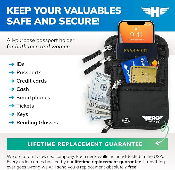 HERO Neck Wallet - RFID Blocking Passport Holder, Easy to Conceal Travel Pouch (Black)