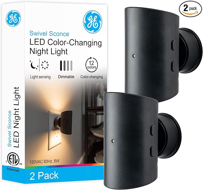 GE Directional Plug in Wall Sconce Night Light, Adjustable Swivel Accent Lighting with Dusk to Dawn Sensor, Dimmable Warm White & Optional Color Changing LEDs for Hallways & Bedrooms, 2-Pack, 83591