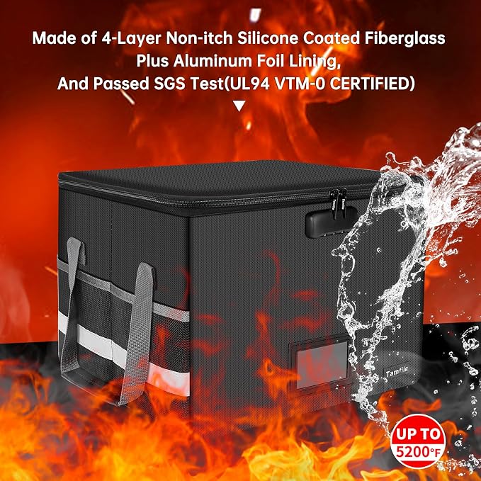 Tamfile Large File Box with lock, 5200°F Fireproof File Box for Documents | fireproof document box with Handle, for Hanging Letter/Legal Folder, Collapsible Filing Box for Home Office