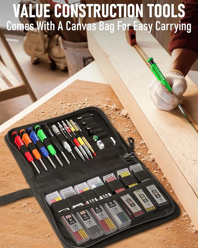 Nicpro 31 Pack Carpenter Pencil Set with Sharpener, Canvas Case | Mechanical Carpenter Pencils + 128PCS Refill, Carbide Scribe Tool, Heavy Duty Construction Pencils for Architect Woodworking