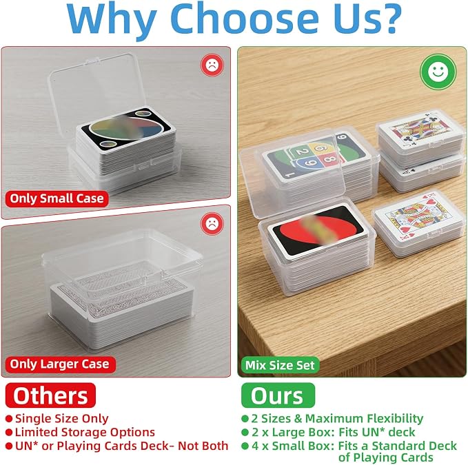 neotidy Playing Card Storage Box Set of 6, Clear Plastic Playing Card Cases Organizer with Snap Lid, Mixed Sizes Card Game Storage for UN* Cards, Standard Decks, Trading Cards, Card Game Holder Case