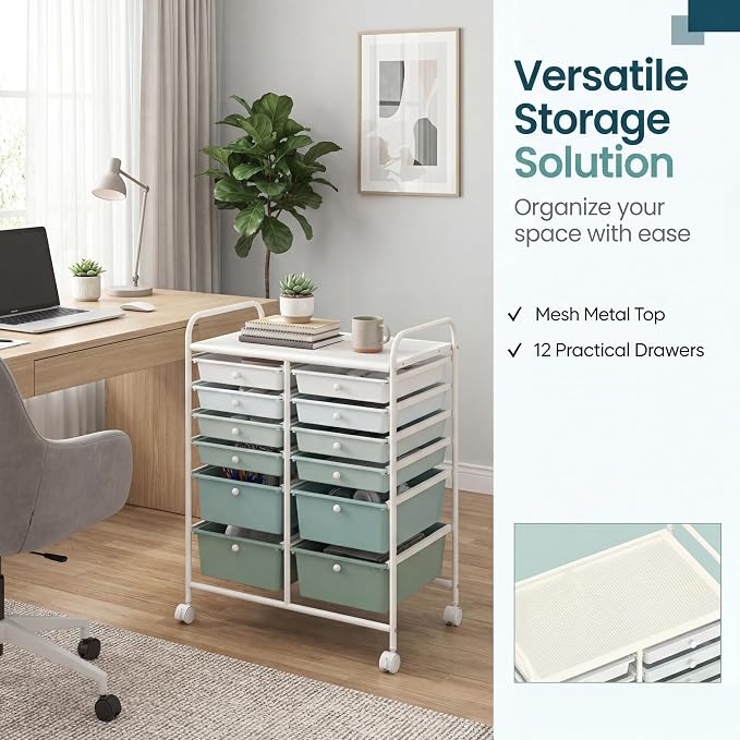 COSTWAY 12-Drawer Rolling Storage Cart, Moveable Art Craft Organizer | Lockable Wheels, Metal Shelf, Files Arrangement Tools Makeup Storage Cart for Office, Home, School (Green Gradient)