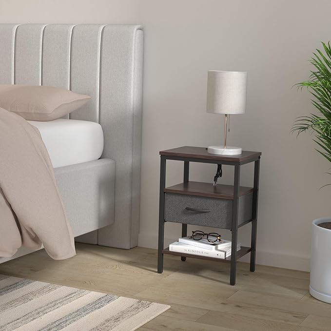 SUPERJARE Nightstand Set of 2 with Charging Station, USB-C Port, End Tables | Night Stand for Bedroom, with Adjustable Fabric Drawer, 3-Tier Storage Bedside Tables for Living Room, Walnut