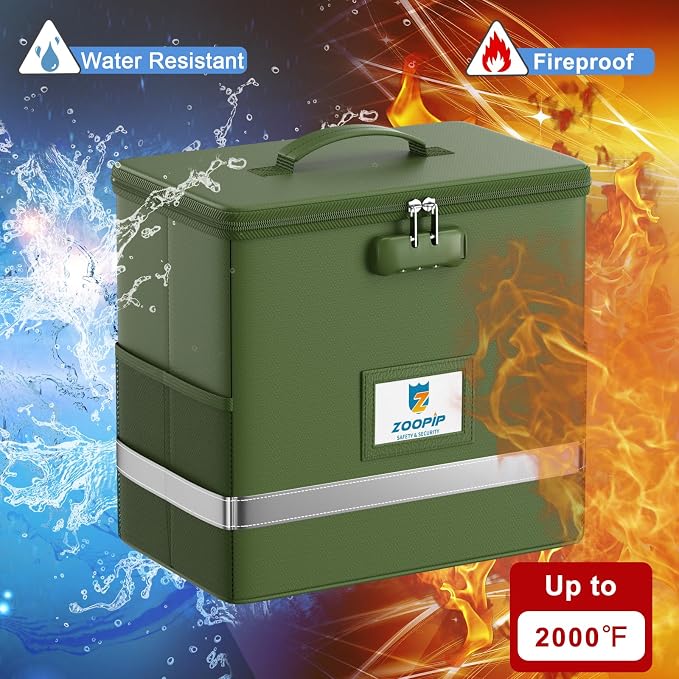 Fireproof File Box with Lock, Collapsible Document Organizer, Green | Suitable for Hanging Folders in Letter Size, Reflective Strip for Fast Find, Home Office Safe Protection,12.2"x6"x10.2"