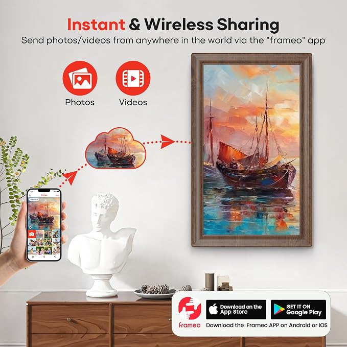64GB 15.6" Frameo Digital Picture Frame WiFi, Large Electronic Photo Frames Wood 1920 x 1080 IPS FHD Touch Screen, Send Photos from Your Phone from Anywhere, Best Gifts for Family and Friends
