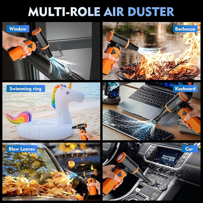 WHATOOK Updated Compressed Air Duster: Air Blower with Stepless Speed Regulation Mode, 180000RPM Electric Air Duster with Brushless Motor, Air Duster for Keyboard, PC, Car and Home Cleaning（Orange）