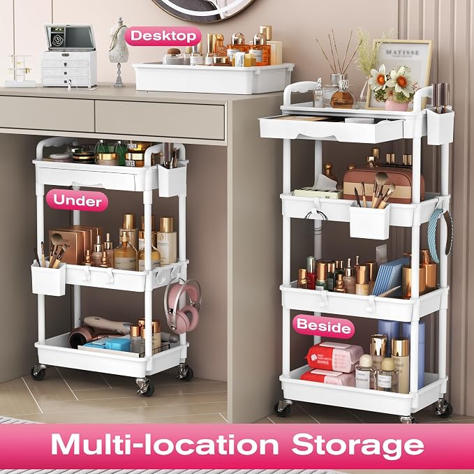 Goovilla Rolling Makeup Organizer Cart with Removable Drawer, 3 Tier White | Stable Floor Skincare Storage Cart for Vanity, Cosmetic Display, Nail Polish, Perfume, Hair Stuff, Beauty, Bathroom(Plastic)