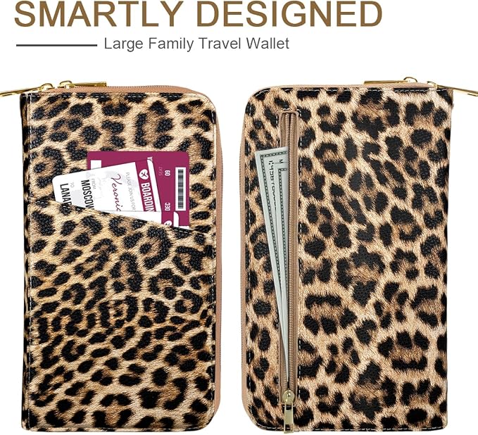 Family Passport Holder Wallet RFID Blocking Document Organizer | PU Leather Mulit-purpose Travel Wallet Credit Cards Case for Women Men, Cheetah Print