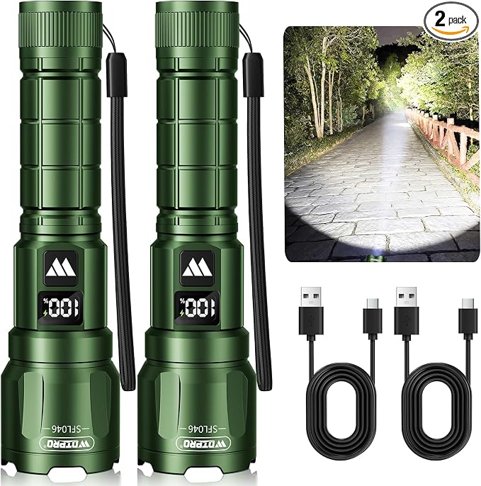 WdtPro LED Rechargeable Flashlight 2 Pack, 3 Modes Super Bright High Lumens Flashlights, Zoomable Tactical Flash Light with LCD Display, IP65 Waterproof Flashlights for Home Emergency Camping - Green