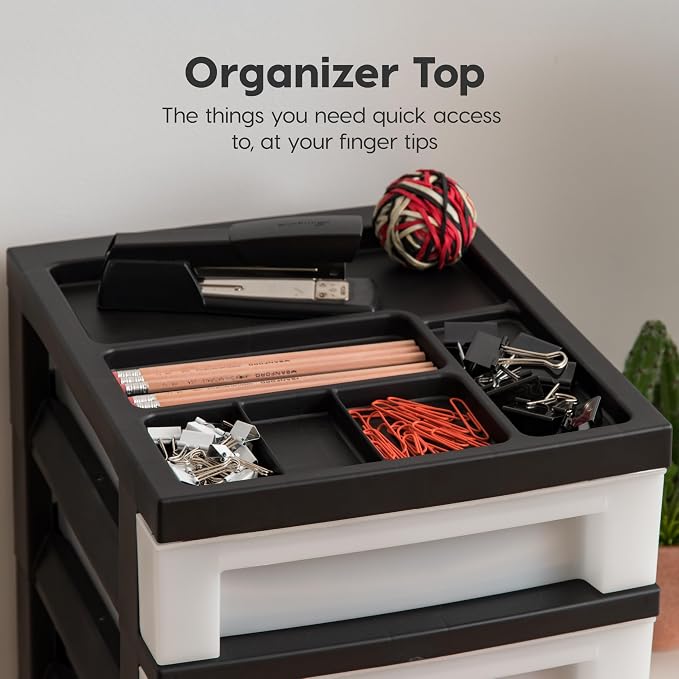 IRIS USA 7-Drawer Rolling Storage Cart, Black/Pearl | Keep classroom supplies, teacher essentials, craft materials, and learning tools organized with easy-access drawers.