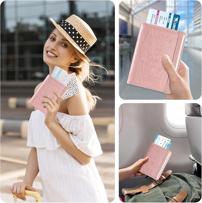 ACdream RFID BLOCKING Passport Holder Travel Wallet, Premium PU Leather Cover Passport Book with Card Holder, Pen Holder, Keep Organization, and Travel Essentials for Women and Men, Rose Gold