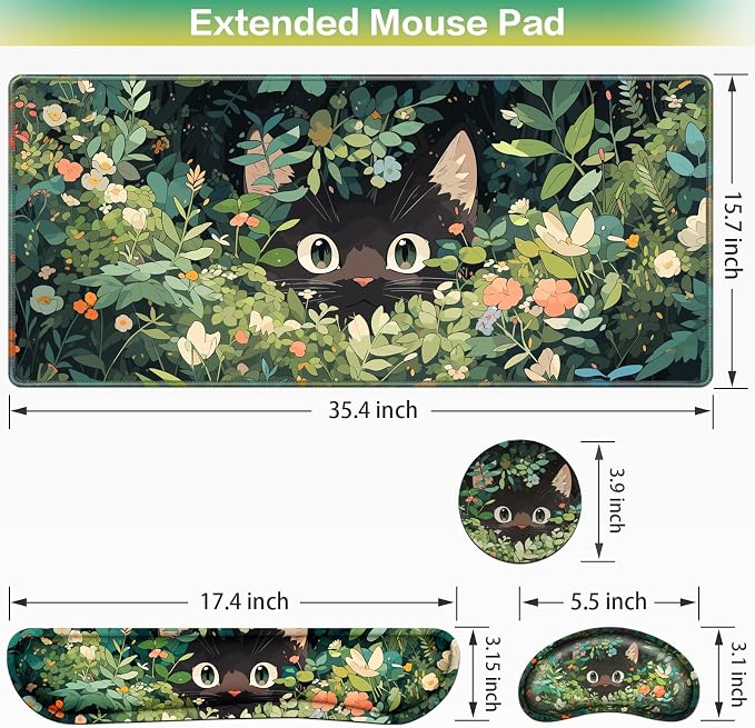 Mouse Pad Anime Mouse Pad with Wrist Rest | 4-in-1 XXL Large Desk Mat Kawaii Mousepad with Gel Wrist Support Keyboard Wrists Rest Coaster, Ergonomic Gaming Cat Desk Pad