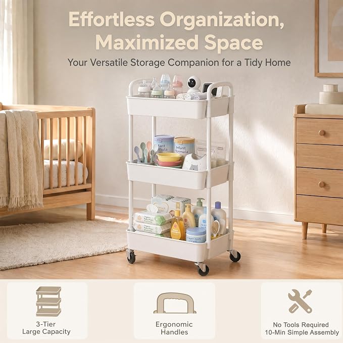Laiensia 3-Tier Rolling Cart with Wheels,Multifunction Utility Storage Carts, Kitchen Storage Organizer,Mobile Shelving Unit for Bathroom,Laundry,with Classified Stickers,White