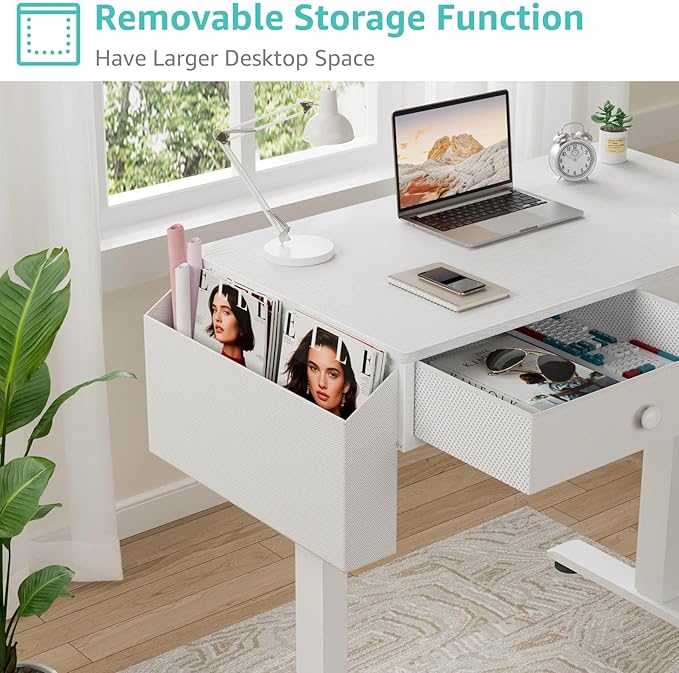 KLUVIS Electric Standing Desk with Drawers, 32 Inch White Small Height Adjustable Sit Stand Desk with Storage for Small Space Home Office Bedroom, Study Writing Stand up Computer Desks for Girls Work