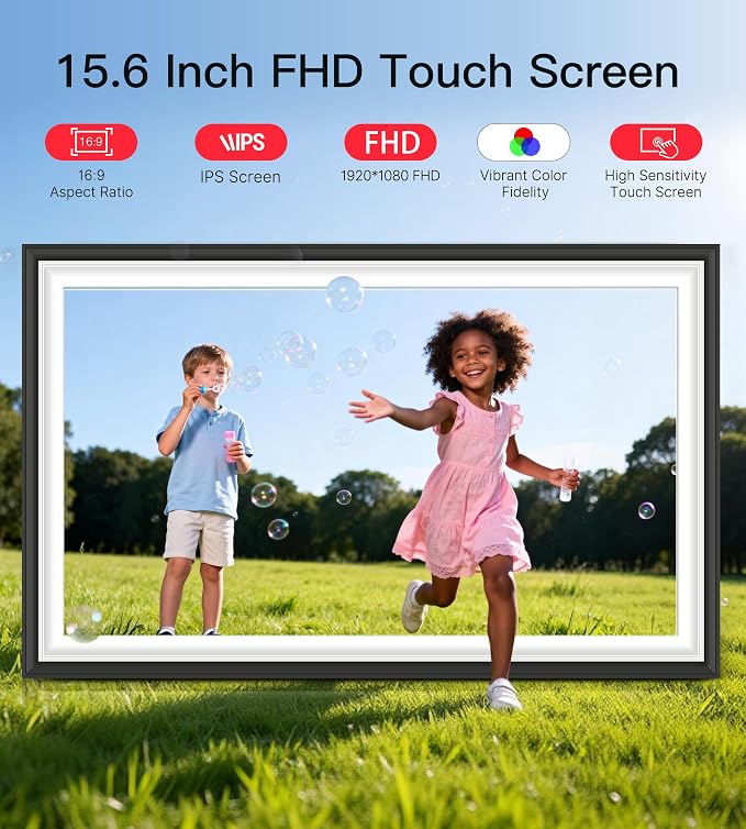 BIGASUO Digital Picture Frame Frameo 15.6" WiFi Electronic Photo Frames Large with 64GB Memory 1920x1080 IPS FHD Touch Screen Share Moments Instantly Anywhere Photo Gifts for Parents and Grandparents
