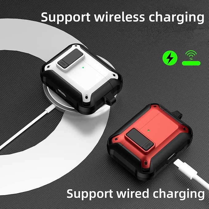 [4 in 1] Lock Case Compatible with AirPods Pro 3 with Keychain | Military Grade Armor Shockproof Rugged Shell Protective Cover for Women Men with Lanyard and Cleaning Pen Kit