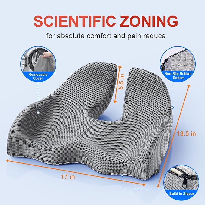 Benazcap XL Ergonomic Seat Cushion Relieves Sciatica & Tailbone Pain | Memory Foam cushion, washable cover & anti-slip base, long-sitting pad for office, gaming and car seats Gray