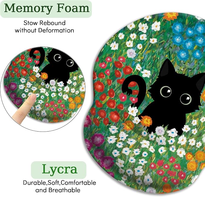 LIMKRIAN Black Cat Ergonomic Mouse Pad with Gel Wrist Rest, 9.8 x 8.6 in | Non-Slip PU Base, Smooth Surface, Cooling Gel Eases Wrist Pain, Comfort Wrist Support, Cute Office Desk Accessories Decor