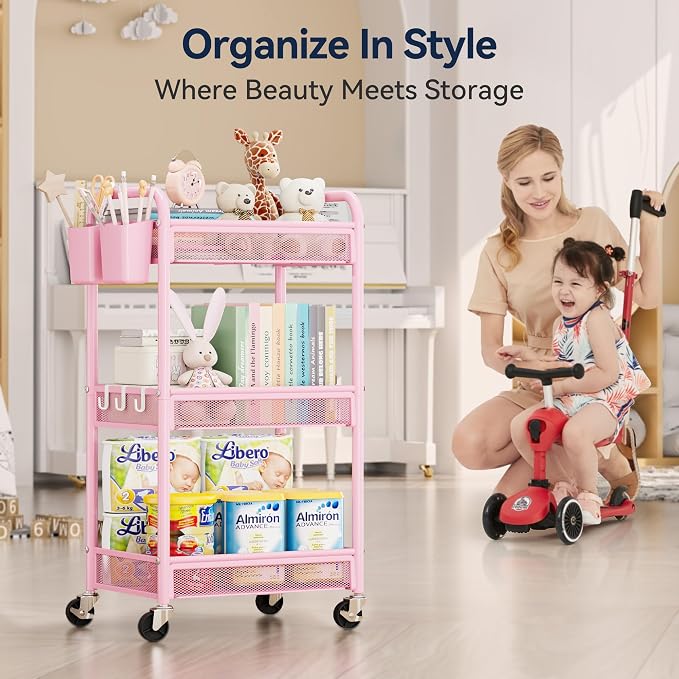3 Tier Metal Rolling Cart, Pink Utility Storage Cart with Wheels | Metal Mesh Craft Cart With Hooks & Hanging Cups, Ideal For Kitchen, Bathroom, Office, Dorm, Art Workspace, Bedside Storage