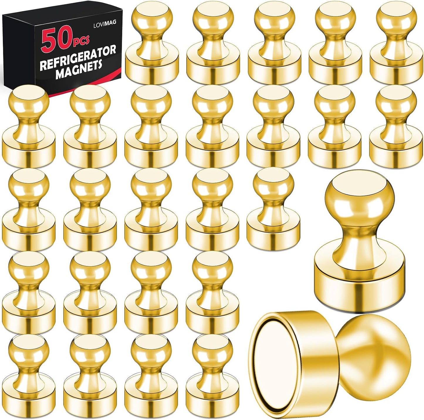 LOVIMAG Refrigerator Magnets, Fridge Magnets, Strong Whiteboard Magnets, Gold 50 Pcs Magnetic Push Pins, Strong Metal Magnets for Fridge, Whiteboard, Office, Classroom, Map, Kitchen