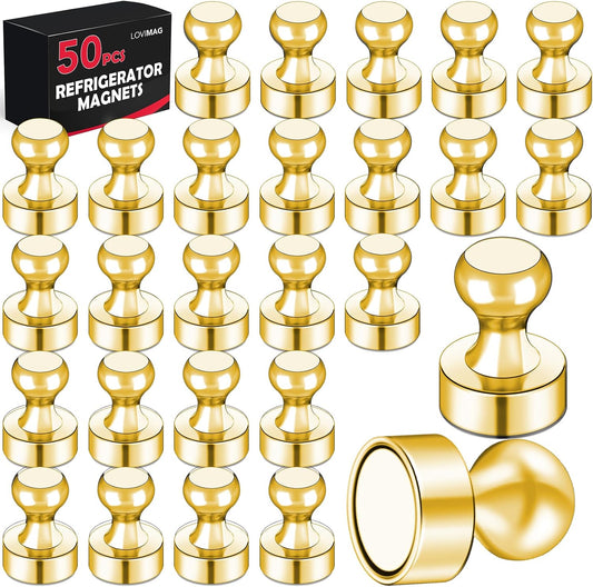 LOVIMAG Refrigerator Magnets, Fridge Magnets, Strong Whiteboard Magnets, Gold 50 Pcs Magnetic Push Pins, Strong Metal Magnets for Fridge, Whiteboard, Office, Classroom, Map, Kitchen