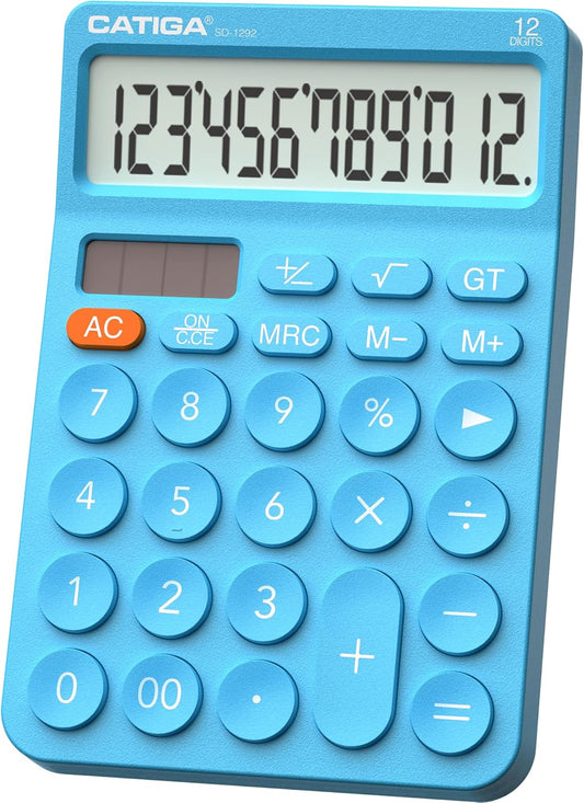 CATIGA Desk Calculator with 4 Functions, Cute Basic Calculator for Kids with Round Big Button, Large Display for School and Office, Dual Power, SD-1292 Blue