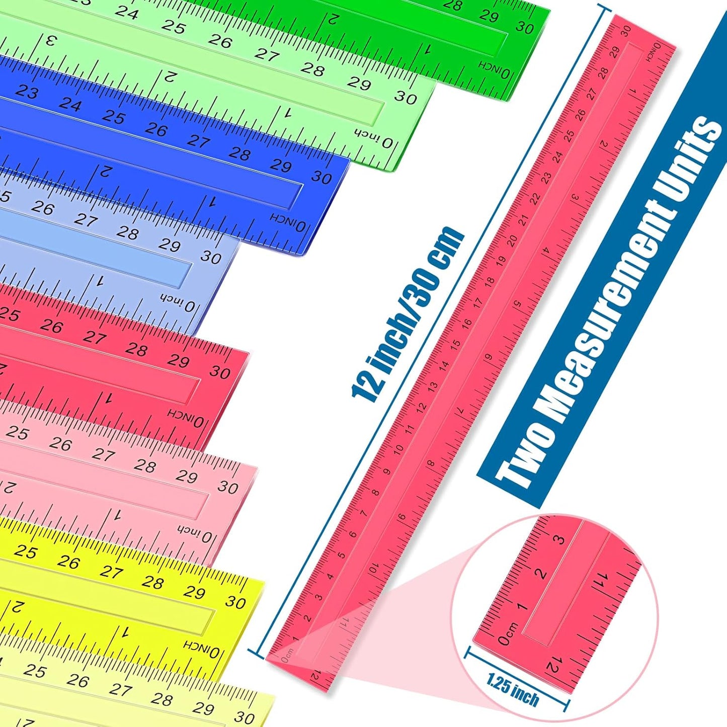 200 Pcs Rulers Bulk, 12 Inch Plastic Assorted Color Clear Rulers with Inches Centimeters Millimeter. Measuring Drawing Tool for Kids, Ideal Back to School Classroom Office Home Supplies