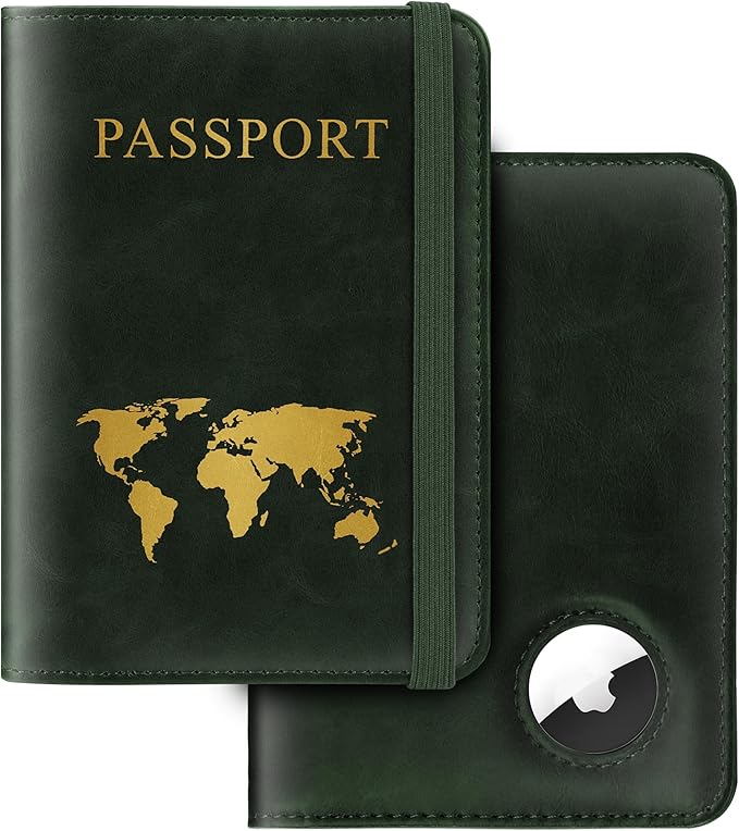 Passport Holder Travel Women Men, Passport Wallet with Airtag Slot, Green | RFID Blocking PU Leather Passport Holder Cover Case with Card Holder, Pen Slot