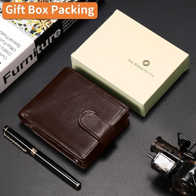 GOIACII Mens Wallet Large Capacity Genuine Leather RFID Blocking Bifold Wallets for Men with ID Window and 15 Card Slots