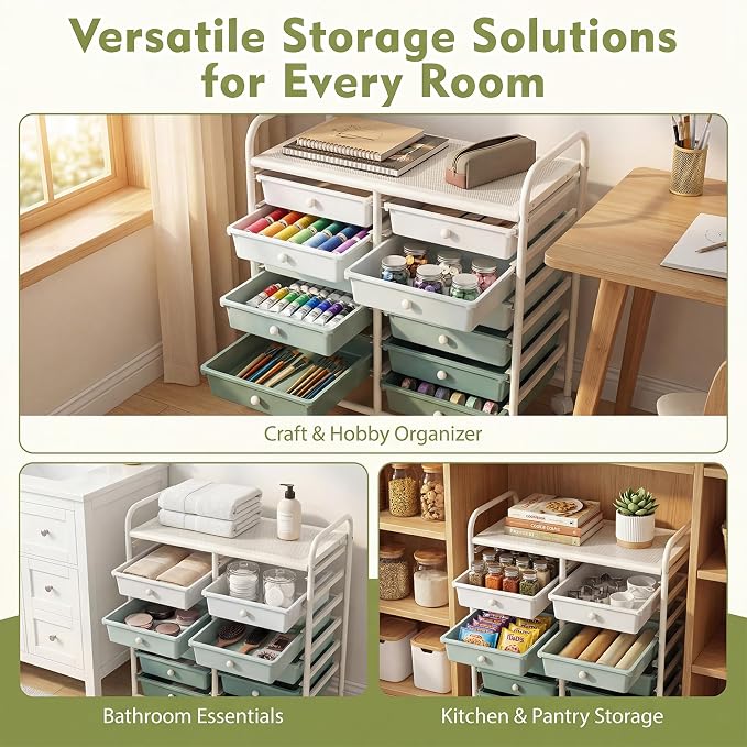 COSTWAY 12-Drawer Rolling Storage Cart, Utility Storage Organizer Cart | For Tools, Scrapbook, Paper, Craft, Multipurpose Art Supply on Wheels for Home Office School, Teacher, Green Gradient