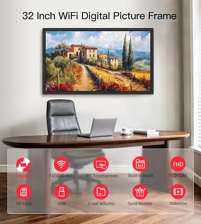 BIGASUO 32" Large Digital Picture Frame with FHD 1920x1080 Touch Display, 64GB Memory, 2.4G/5G WiFi, Instant Photo/Video Sharing via Frameo App, SD Card/USB Support, for Home/Art Galleries/Business